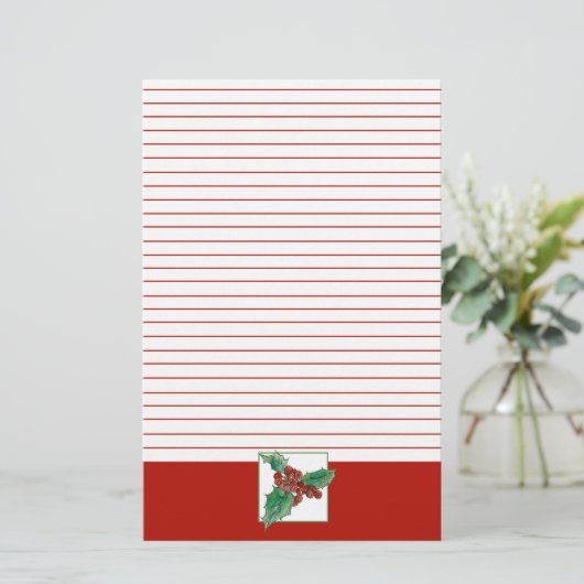 Kerst Holly Berries Botanische kunst rood gevoerd Briefpapier (Staand voorkant)