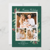 Kerst Holly Berries Classic Red Green 3 Foto Feestdagenkaart (Voorkant)