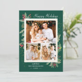 Kerst Holly Berries Classic Red Green 3 Foto Feestdagenkaart (Staand voorkant)