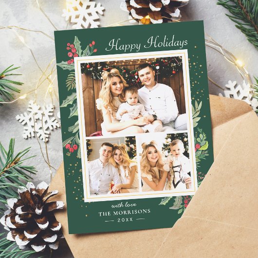 Kerst Holly Berries Classic Red Green 3 Foto Feestdagenkaart