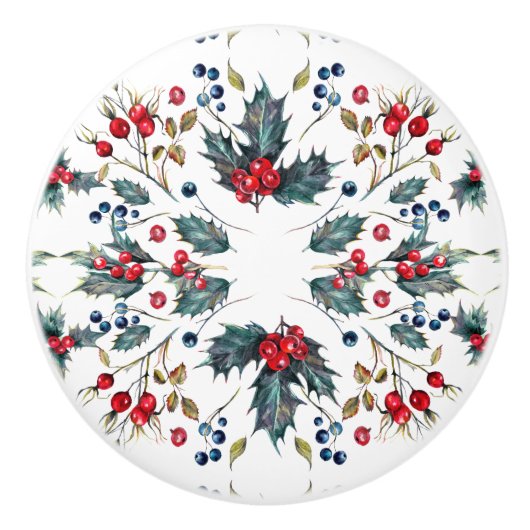 Kerst Holly & Berries Drawer Pull Keramische Knop (Voorkant)