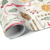 Kerst Holly Berry kaneel Sinaasappel rood lint Cadeaupapier (Rol Hoek)