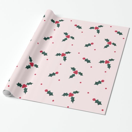 Kerst Holly Berry & Leaves Holiday Cadeaupapier (Uitgerold)