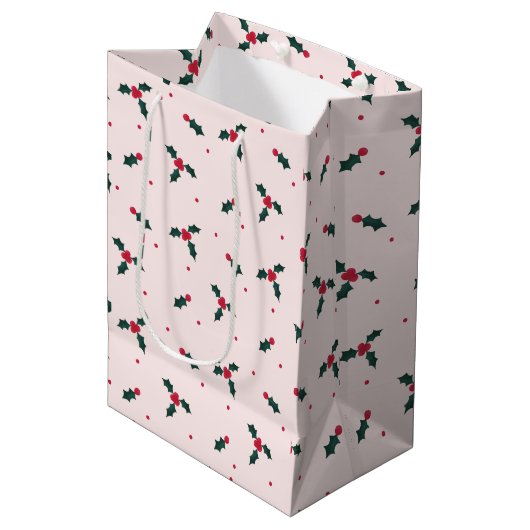 Kerst Holly Berry & Leaves Holiday Medium Cadeauzakje (Voorkant Gekanteld)
