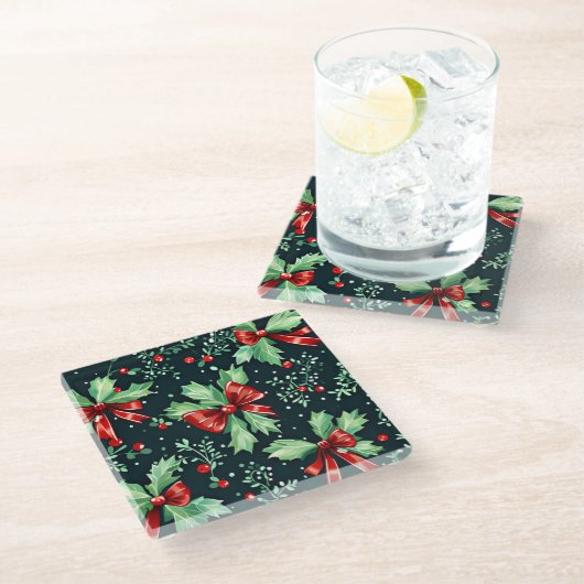 Kerst Holly Berry Pattern Glazen Onderzetter (Schuin)