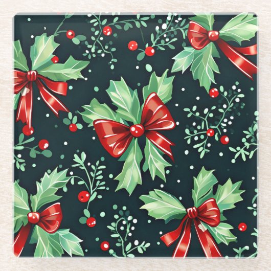 Kerst Holly Berry Pattern Glazen Onderzetter (Voorkant)