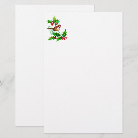 Kerst Holly & Bird II Stationery Briefpapier (Voorkant / Achterkant)