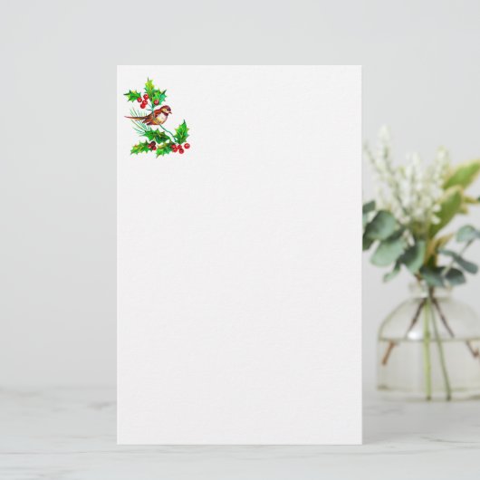 Kerst Holly & Bird II Stationery Briefpapier (Staand voorkant)