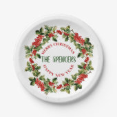 Kerst Holly bladeren & bessen Vrolijk Kerstfeest Papieren Bordje (Voorkant)