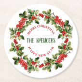 Kerst Holly bladeren & bessen Vrolijk Kerstfeest Ronde Kartonnen Onderzetter (Voorkant)