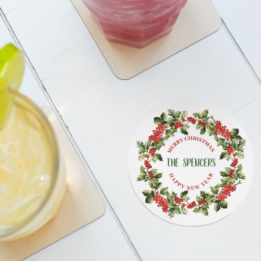 Kerst Holly bladeren & bessen Vrolijk Kerstfeest Ronde Kartonnen Onderzetter