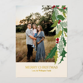 Kerst Holly bladeren en bessen Folie fotokaart Feestdagenkaart