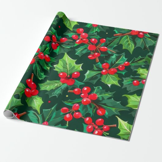 Kerst Holly bladeren en bessen patroon Cadeaupapier (Uitgerold)