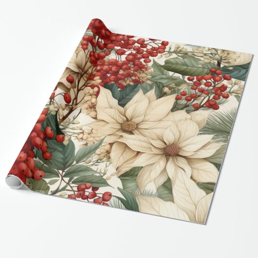 Kerst Holly Bloemen Inpakpapier (Uitgerold)