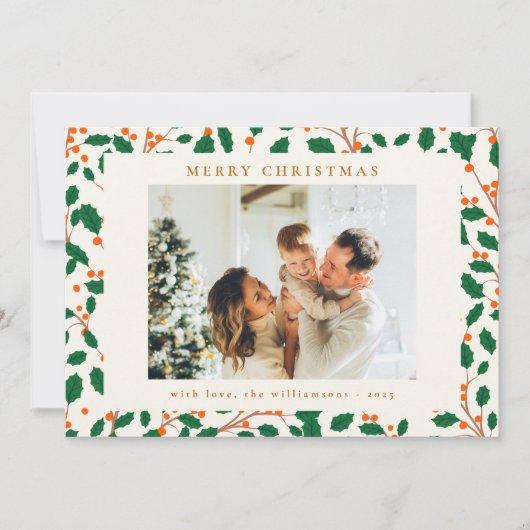 Kerst Holly Botanical Greenery Two Photo Retro Feestdagenkaart (Voorkant)