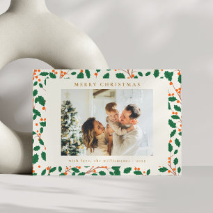 Kerst Holly Botanical Greenery Two Photo Retro Feestdagenkaart