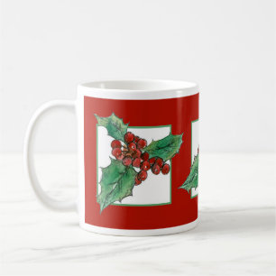 Kerst Holly Botanisch Plant Tekening Rood Koffiemok