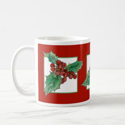 Kerst Holly Botanisch Plant Tekening Rood Koffiemok (Links)