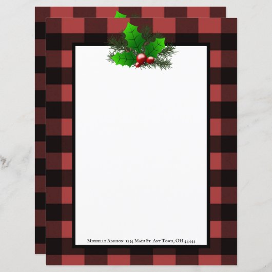 Kerst Holly Buffalo Plaid Gepersonaliseerd papier (Voorkant / Achterkant)
