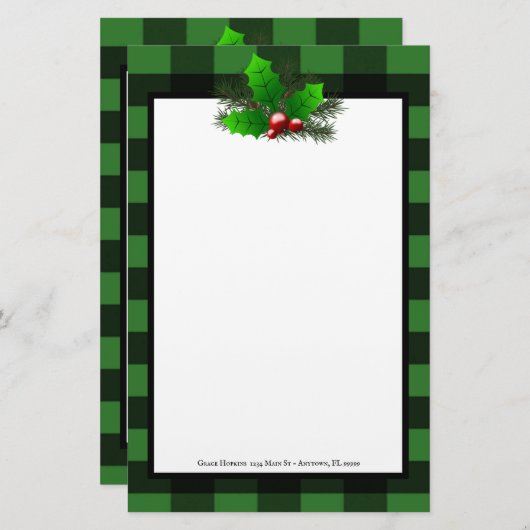 Kerst Holly Buffalo Plaid Gepersonaliseerd papier (Voorkant / Achterkant)