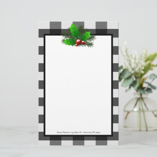 Kerst Holly Buffalo Plaid Gepersonaliseerd papier (Staand voorkant)