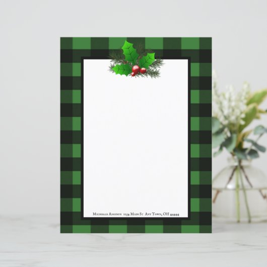 Kerst Holly Buffalo Plaid Gepersonaliseerd papier (Staand voorkant)