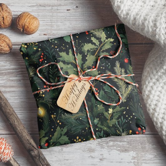 Kerst Holly Donkere Winter Vakantie Bladerland Cadeaupapier