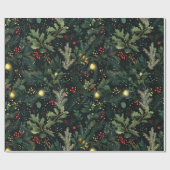 Kerst Holly Donkere Winter Vakantie Bladerland Cadeaupapier (Vlak)