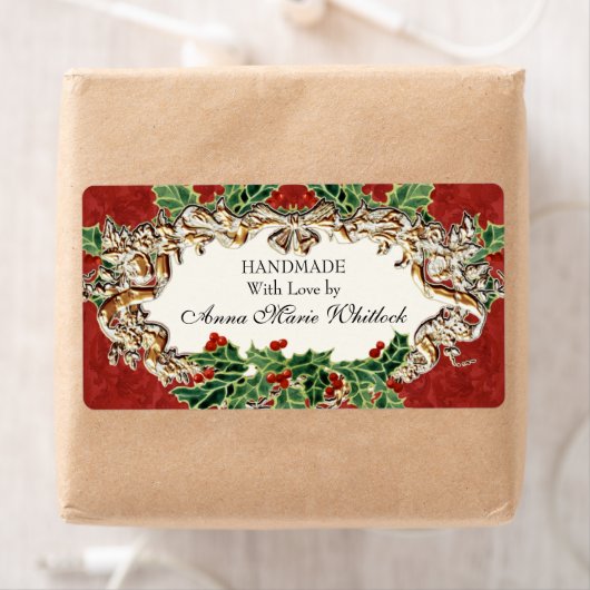 Kerst Holly een gouden look lint Damast Keuken Etiket (Insitu)