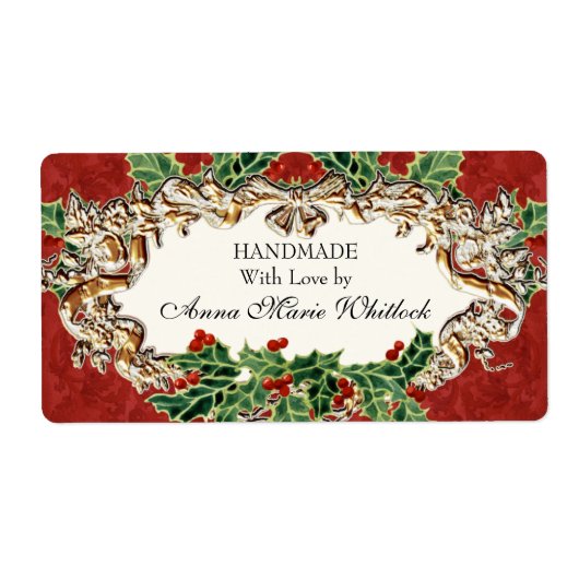 Kerst Holly een gouden look lint Damast Keuken Etiket (Voorkant)