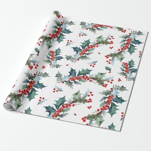 Kerst Holly en bessen patroon Cadeaupapier (Uitgerold)