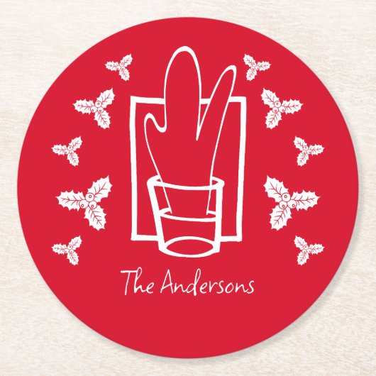 Kerst Holly en een sprankelend glas Ronde Kartonnen Onderzetter (Voorkant)