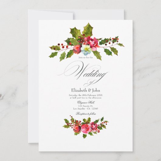 Kerst Holly en Ivy met rode rozen bruiloft Kaart (Voorkant)