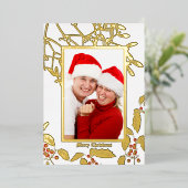 Kerst Holly en Mistletoe Botanische Kunst Grens Folie Feestdagenkaart (Staand Voorkant)