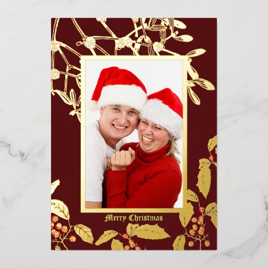 Kerst Holly en Mistletoe Botanische Kunst Grens Folie Feestdagenkaart (Voorkant)