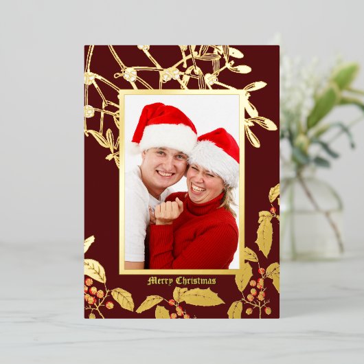 Kerst Holly en Mistletoe Botanische Kunst Grens Folie Feestdagenkaart (Staand Voorkant)