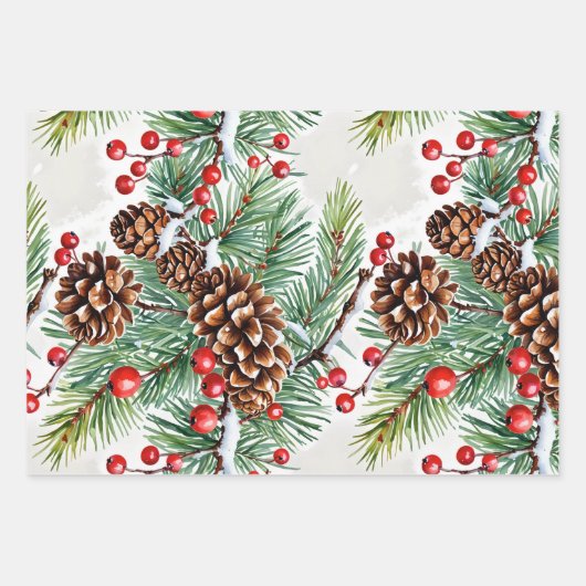 Kerst Holly en Pinecones Inpakpapier Vel (Voorkant)