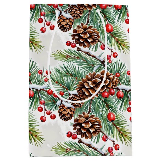 Kerst Holly en Pinecones Medium Cadeauzakje (Voorkant)