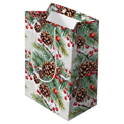 Kerst Holly en Pinecones Medium Cadeauzakje (Achterkant Gekanteld)