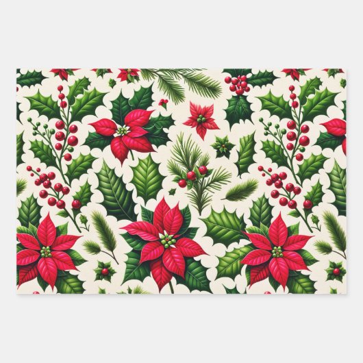 Kerst Holly en Poinsetta Wrapping Paper (Voorkant 3)