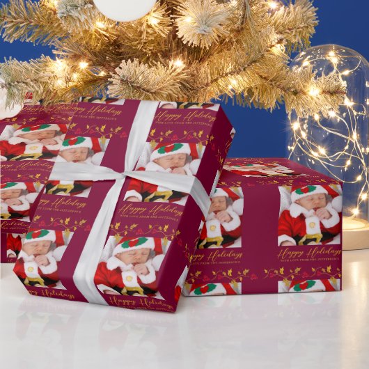 Kerst holly en rode bessen gouden foto cadeaupapier (Feestdagen)