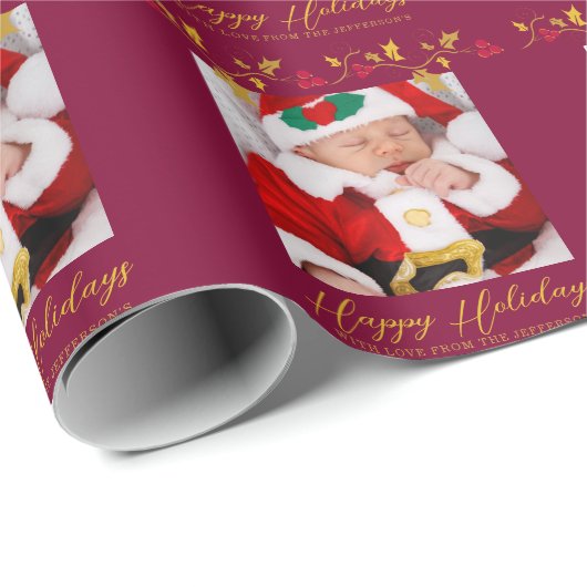 Kerst holly en rode bessen gouden foto cadeaupapier (Rol Hoek)