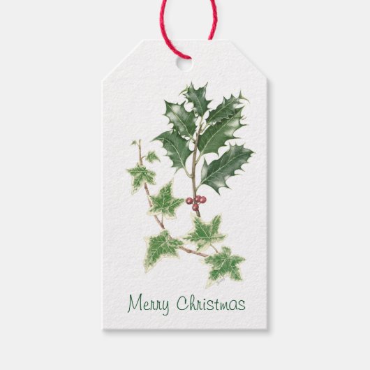 Kerst Holly & Ivy Sprig Botanische aquarel Cadeaulabel (Voorkant)