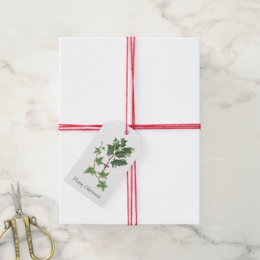 Kerst Holly & Ivy Sprig Botanische aquarel Cadeaulabel (Met Touw)