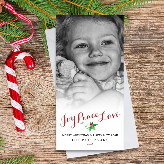 Kerst Holly Joy Vrede Liefde Script Custom Foto Feestdagenkaart