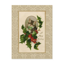 Kerst Holly Kat Vintage Reproductie Ansichtkaart