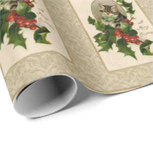 Kerst Holly Kat Vintage Reproductie Cadeaupapier