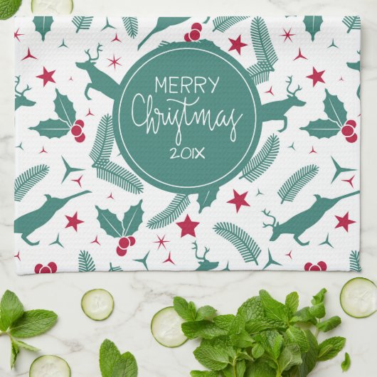 Kerst holly & Kerstmis hertenpatroon Theedoek (Gevouwen)