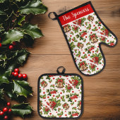 Kerst Holly Leaves, Berries & Bells Ovenwant & Pannenlap Set