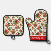 Kerst Holly Leaves, Berries & Bells Ovenwant & Pannenlap Set (Voorkant)